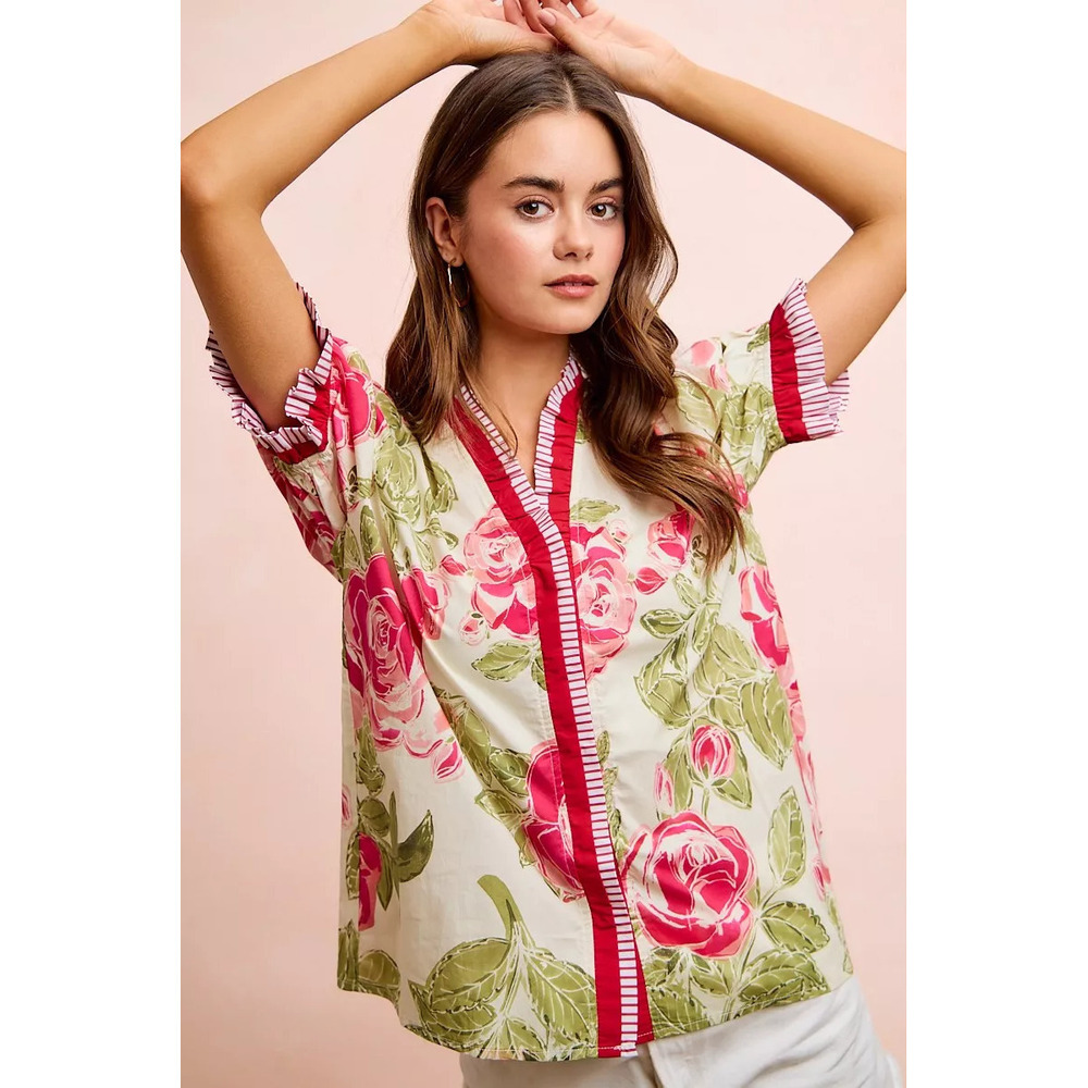 BiBi Floral Printed Woven Contrast Edge Ruffled Blouse